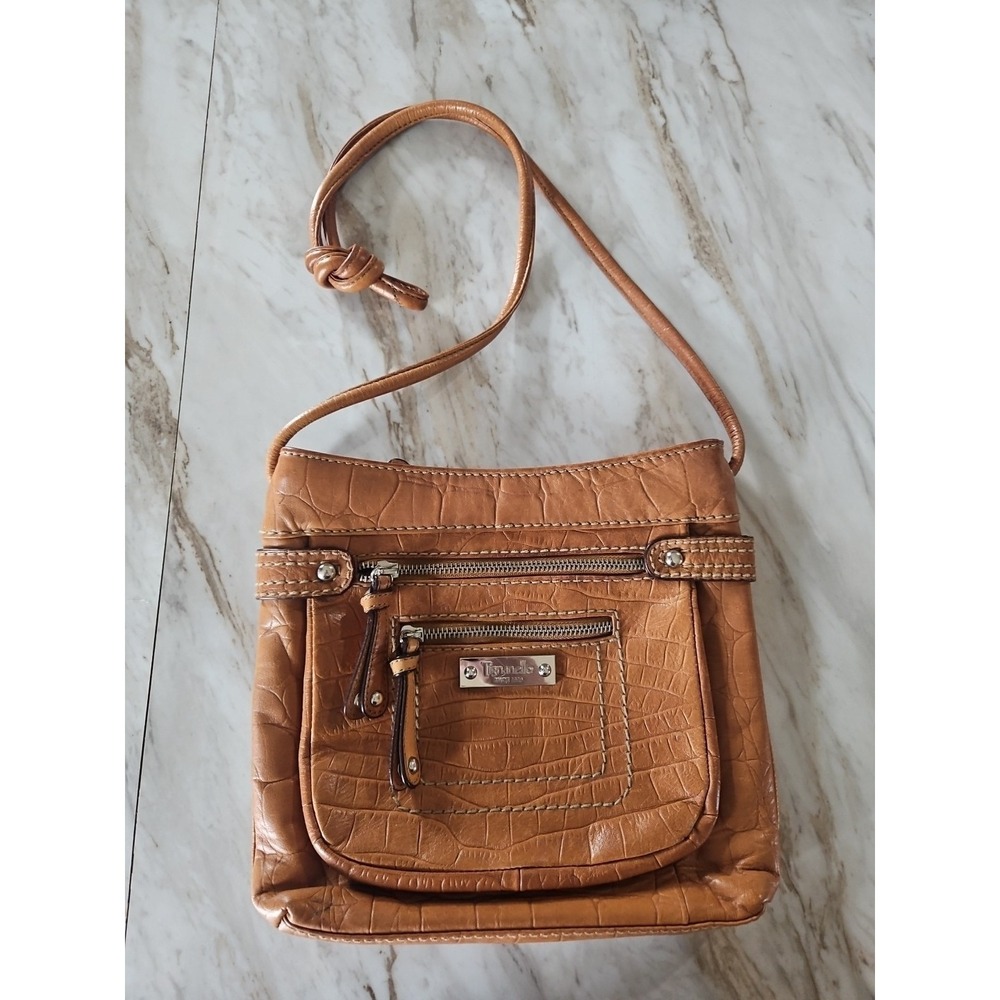 Tignanello Tan Croc Embossed Leather Crossbody Shoulder Bag Handbag
